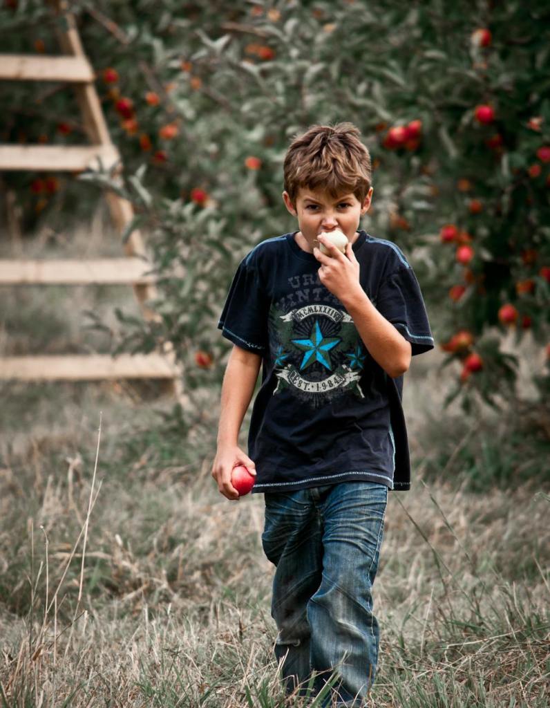 photo of boy eating an apple